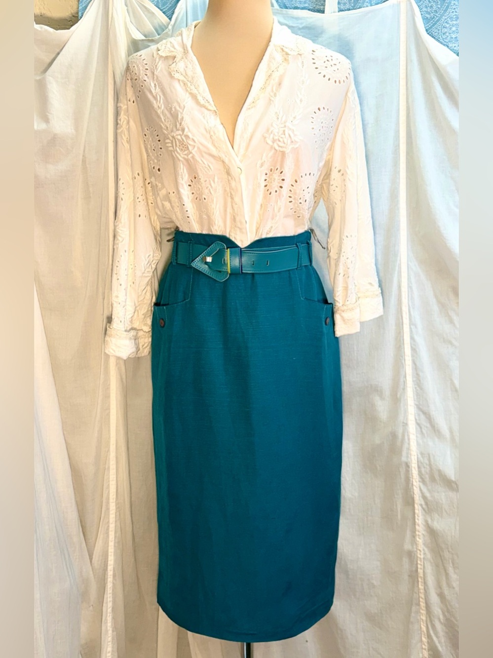 Steilmann Vintage 80s Teal Linen High Waisted Midi Pencil Skirt W/ Belt Size 8 M
